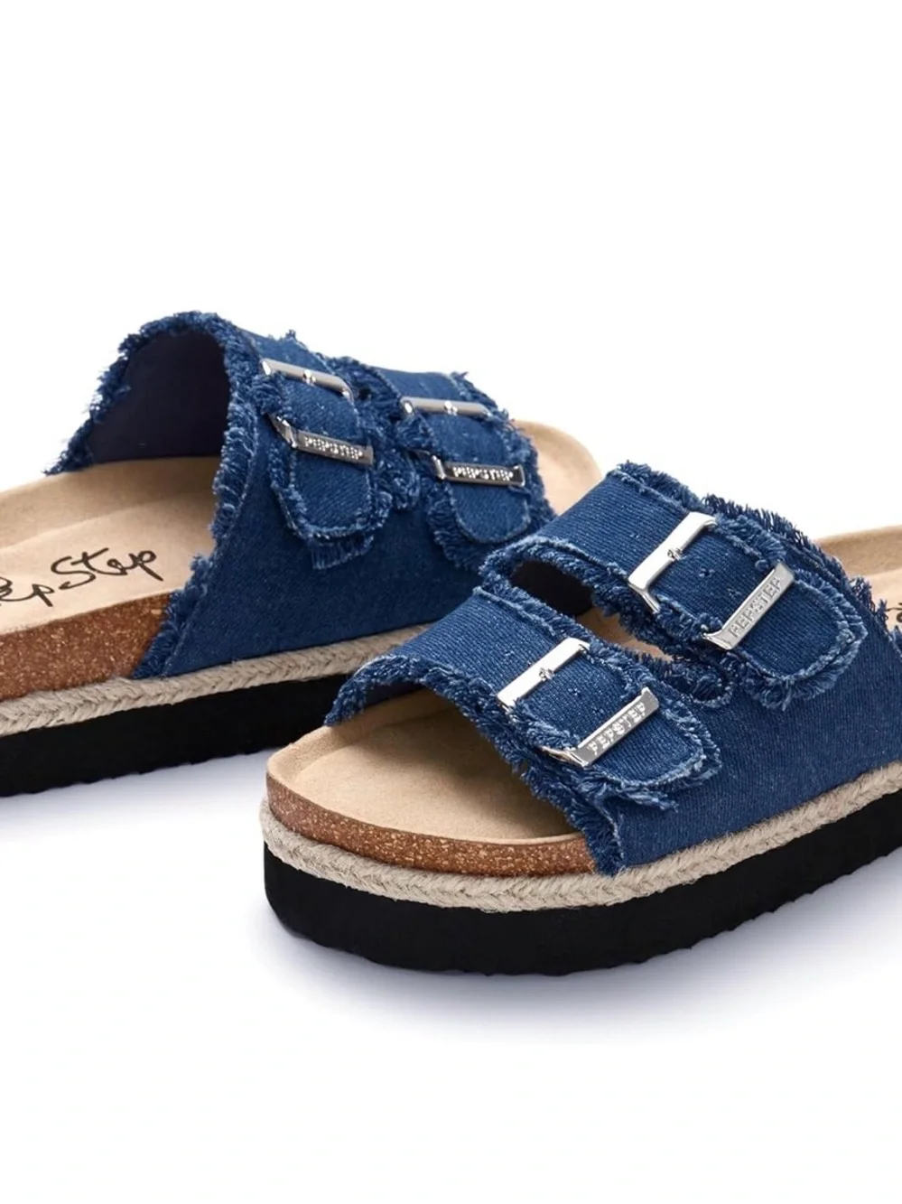 Denim Double-Buckle Slide Sandals - Blue Pep Step 7